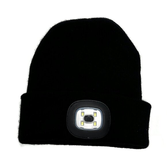 LED Beanie Black Cuffed Winter Hat One Size Flashlight Knitted Hiking Outdoor - Picture 1 of 3